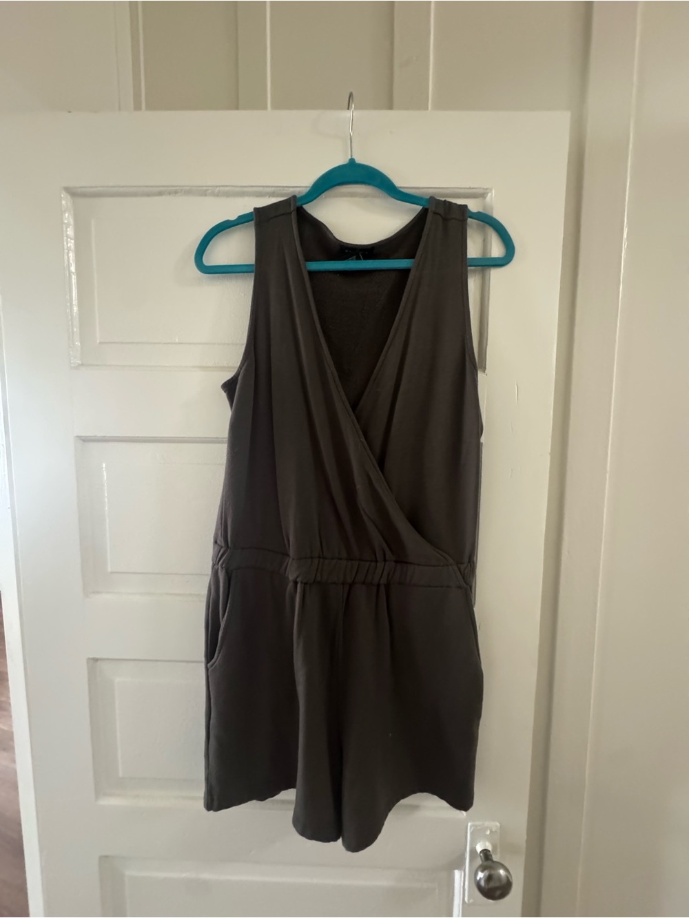 Sleeveless Dark Green Wrap Romper with Elastic Waistband